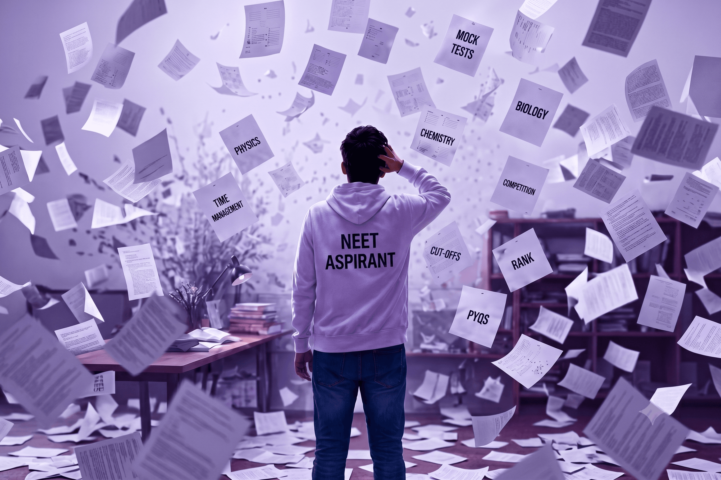 NEET aspirant strategizing with mock test papers